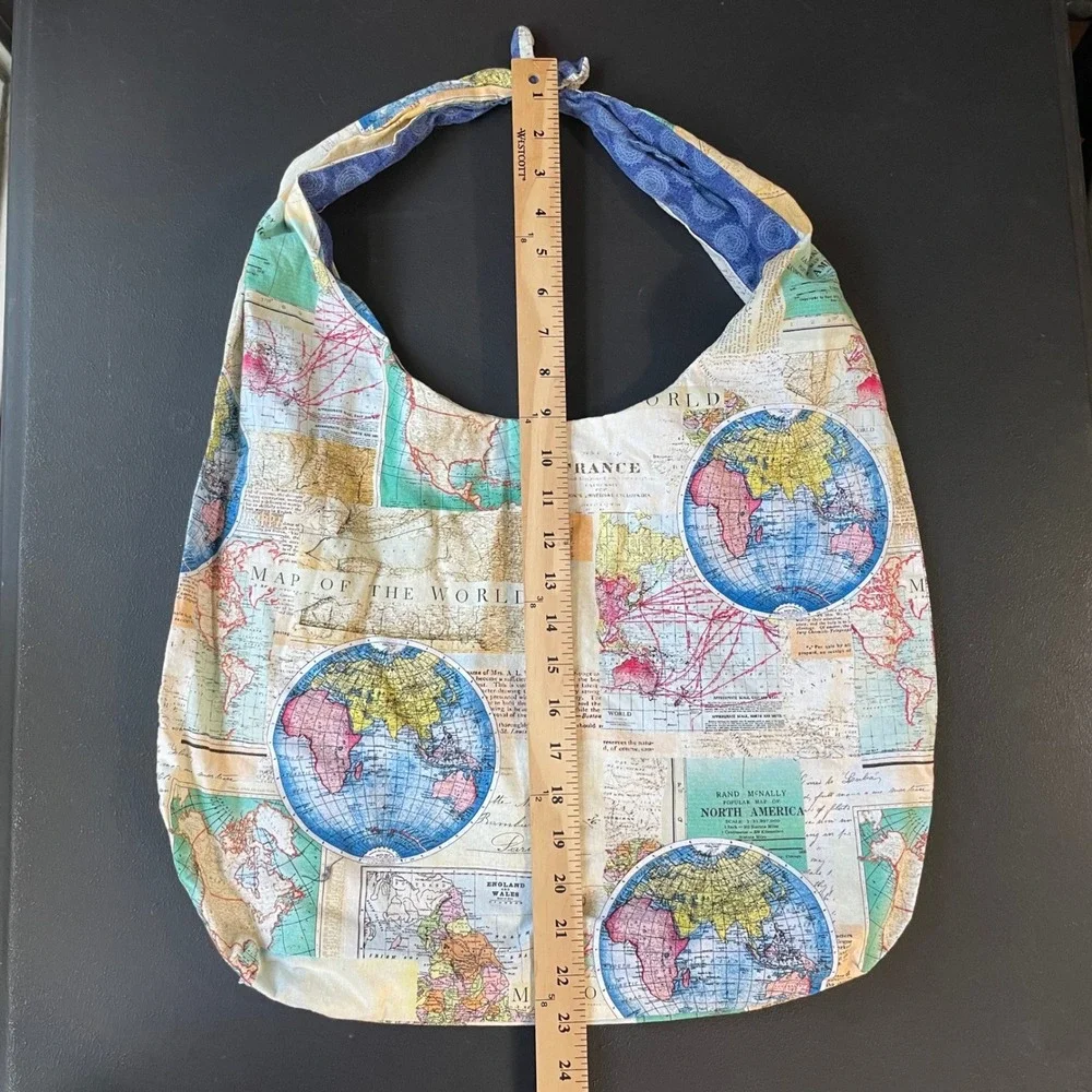 Handmade Tote Bag World Map Globe Travel Print Tie Top Shoulder Bag Boho Novelty